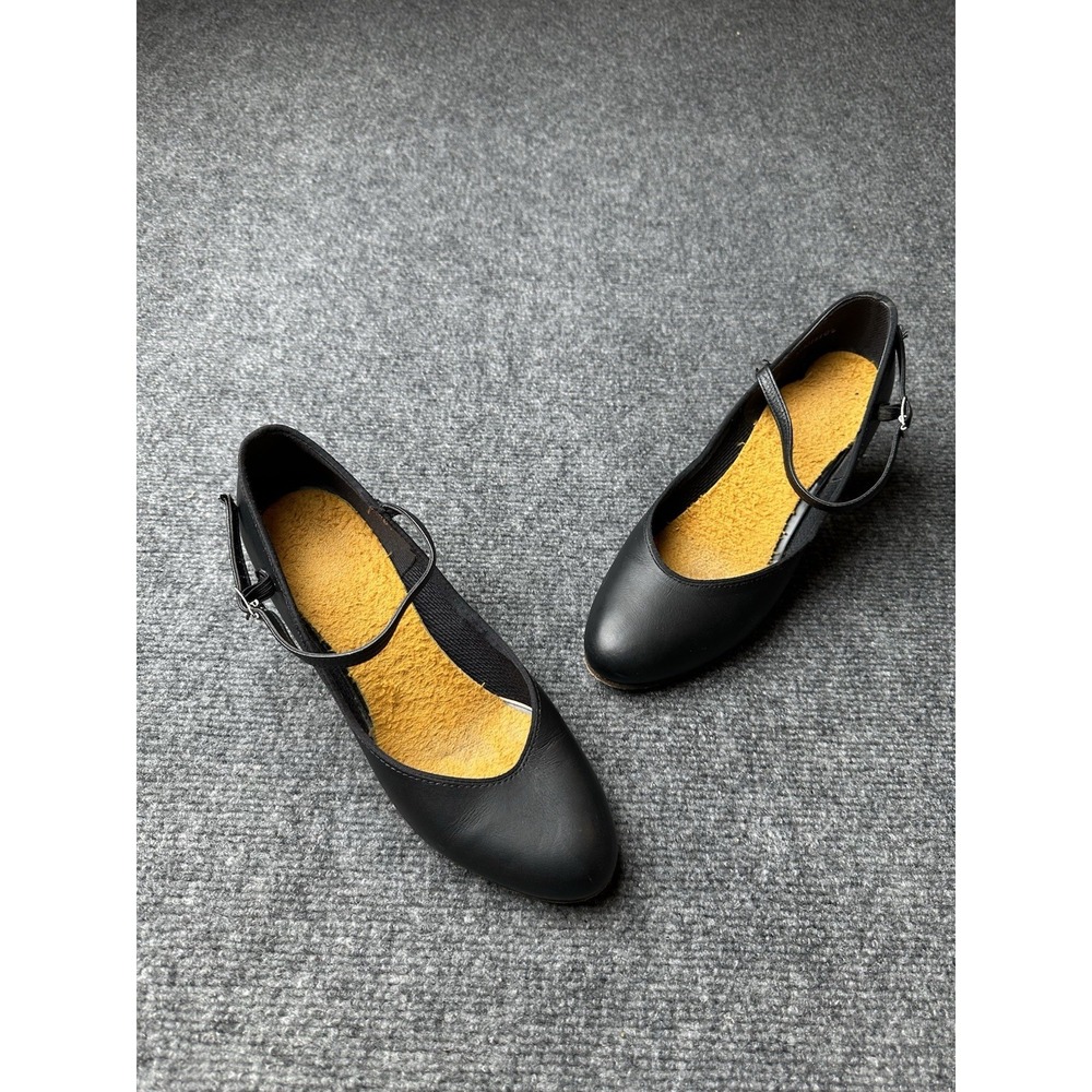 Womens Leather Mary Jane Black Strap Flats Made in USA, Size US 7 M